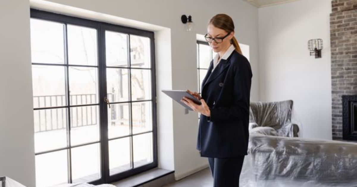 A professional property channel manager using a digital tablet to manage rental listings.