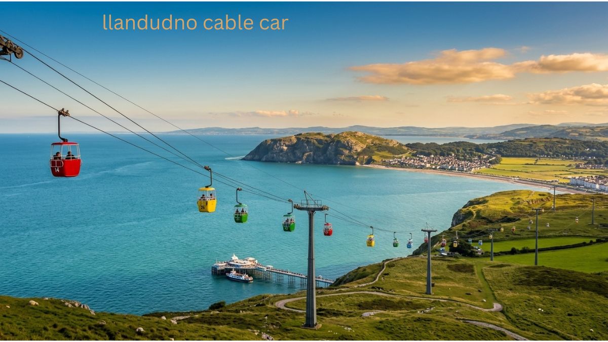A unique view of several colorful Llandudno cable car cabins descending the Great Orme towards the North Wales coast.