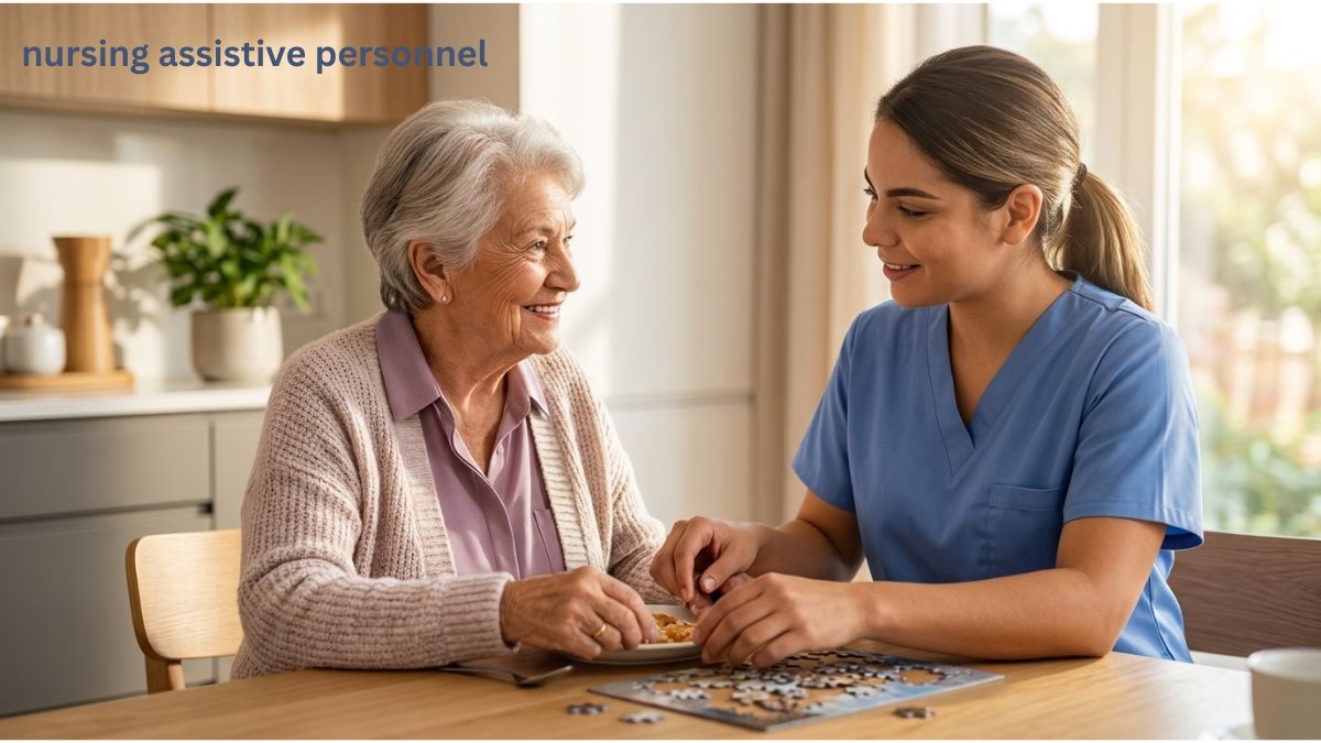 Nursing assistive personnel helping a patient walk in a hospital corridor