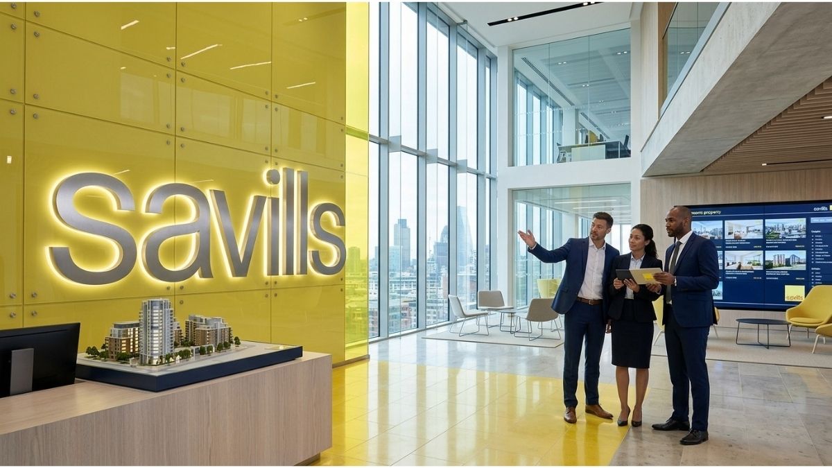 Savills office in London with property professionals and city skyline view