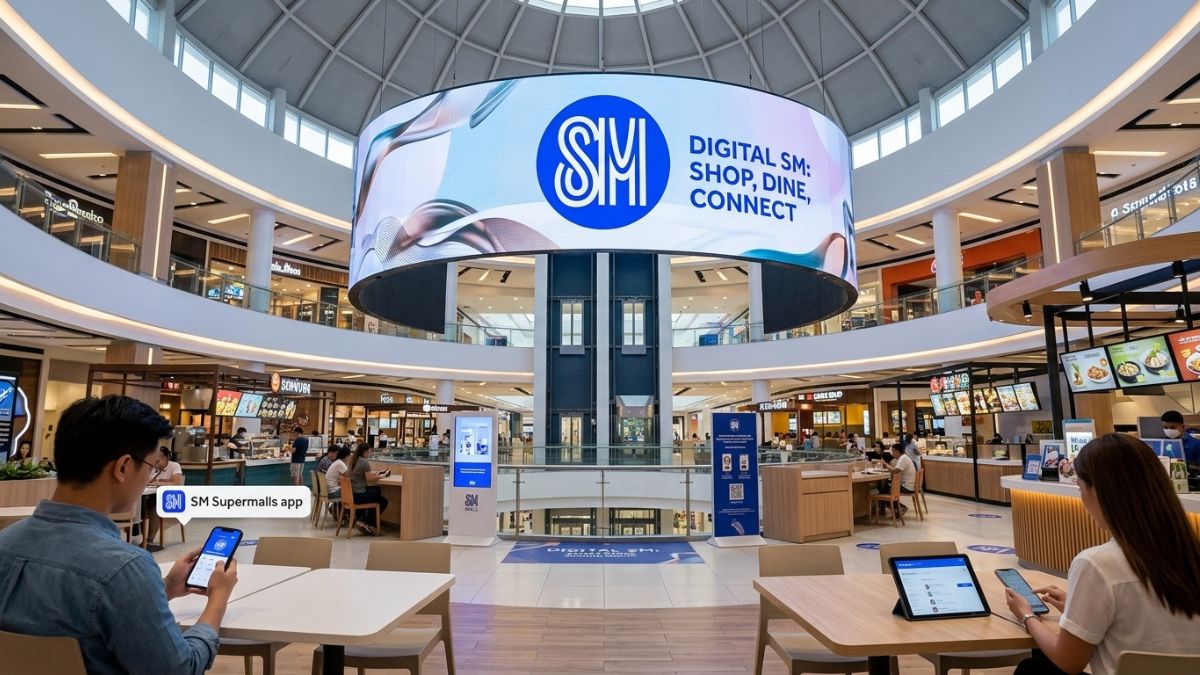 SM City Metroplex shopping mall with retail stores, restaurants, palm trees and visitors
