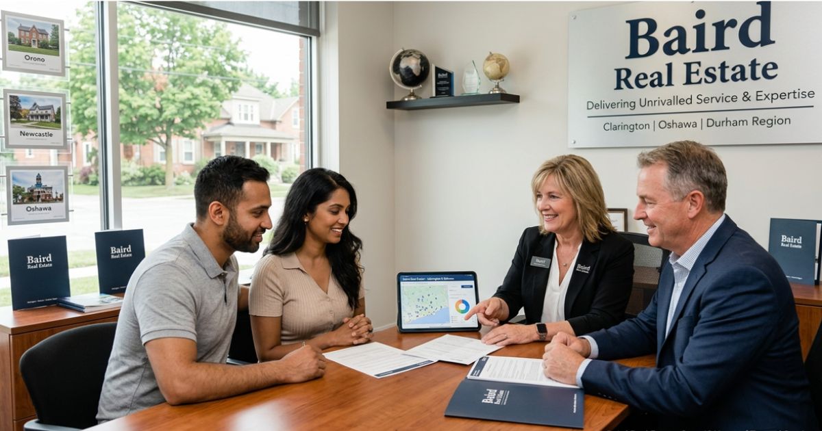 Baird Real Estate agents meeting with clients to discuss property listings, market information, and home buying options.