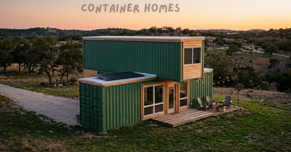 Modern two-story green container homes with wooden accents, solar panels, and an outdoor patio set on a countryside landscape during sunset.