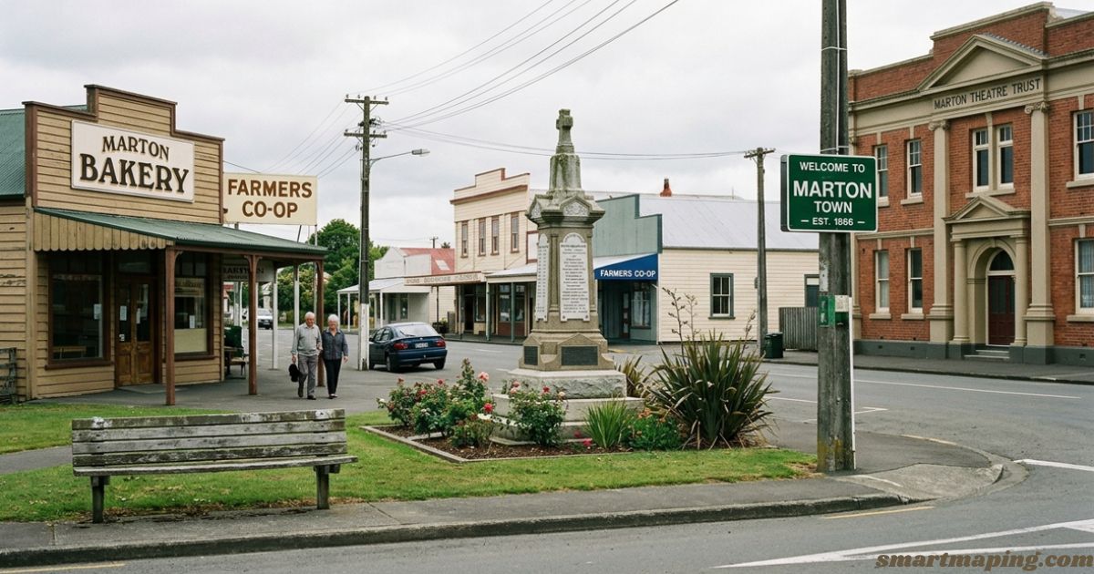 Marton Town street with a historic town centre, bakery, shops, memorial, and community buildings.