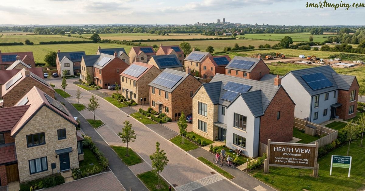New builds Waddington homes at Heath View with modern houses, solar panels, landscaped streets, and countryside views.