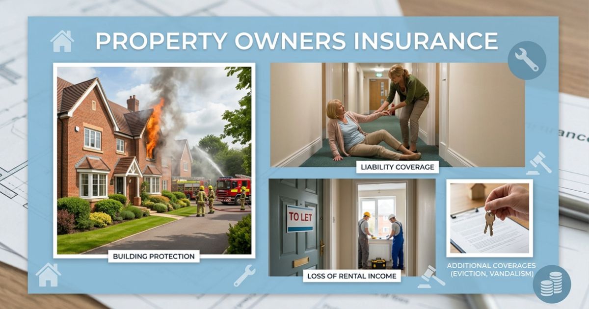 Property owners insurance infographic illustrating building protection, liability coverage, loss of rental income, and additional coverages.