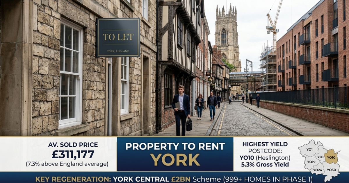 Property to rent York with historic homes, modern apartments, and a prominent To Let sign near York Minster.