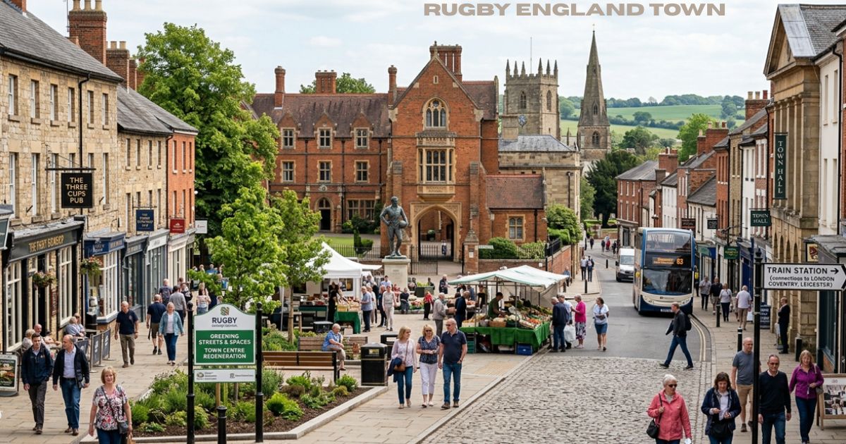 Bustling street market in Rugby England town featuring pedestrians, historic brick buildings, and the William Webb Ellis statue in the distance.