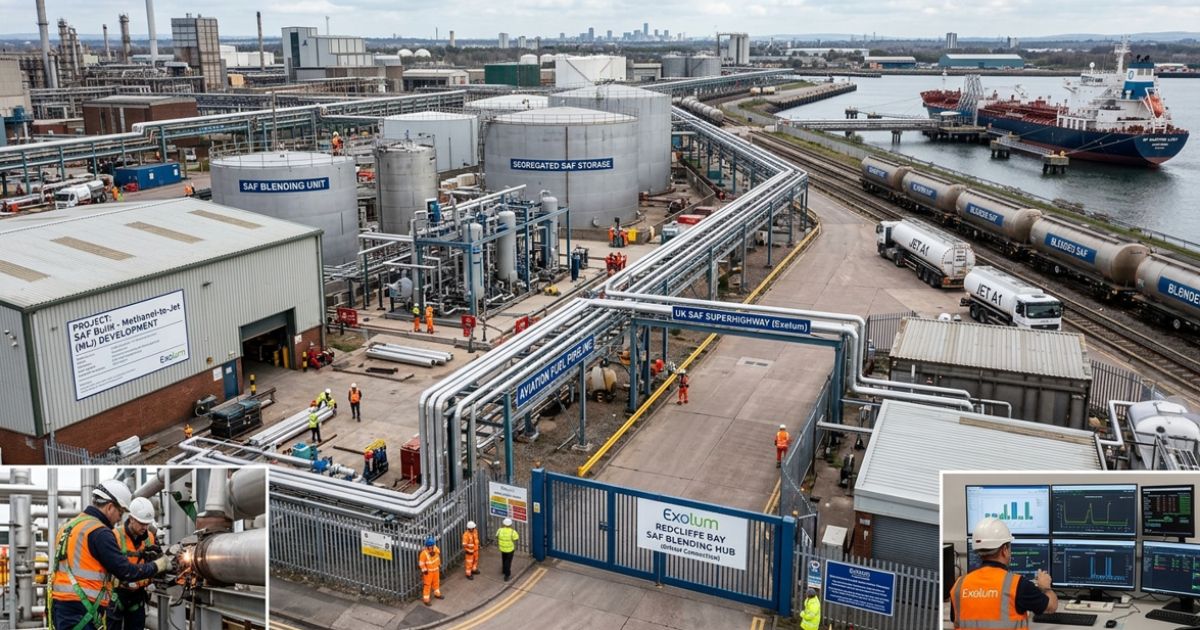 SAF Build facility with fuel storage tanks, pipelines, rail tankers, and workers at an industrial site.