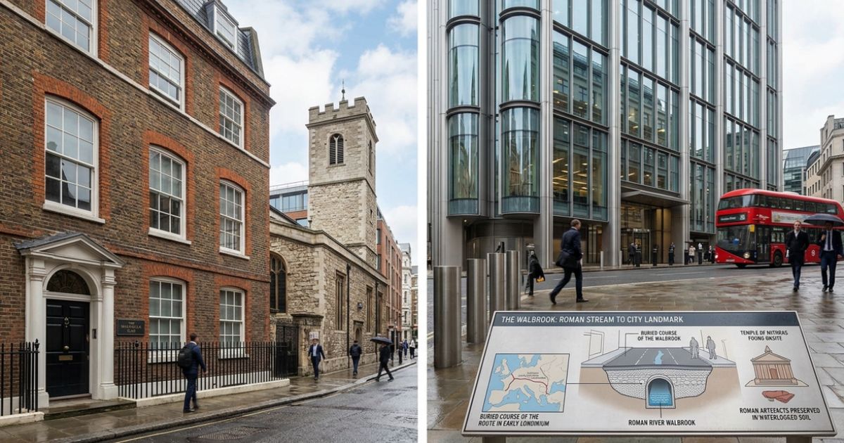 The Walbrook Building beside a historic church, with a London street, red double-decker bus, and Roman Walbrook information sign.
