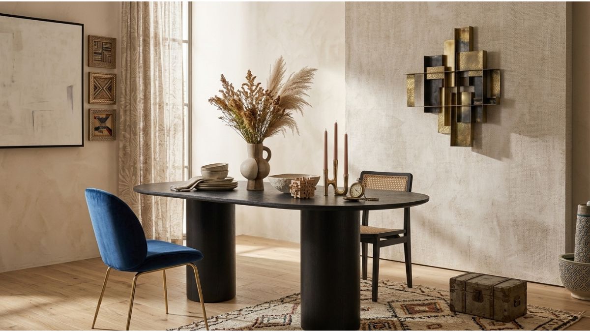 Black BD Studio Belle oval dining table styled with a ceramic vase and candles surrounded by blue velvet and cane chairs.