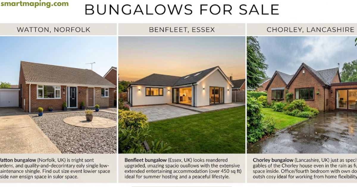 Bungalows for sale in Watton Norfolk, Benfleet Essex, and Chorley Lancashire featuring modern and traditional single-storey homes.