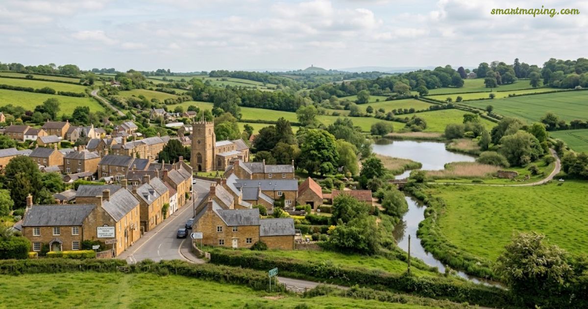 Castle Carey, Somerset, England, viewed from above, showing the village church, stone houses, winding roads