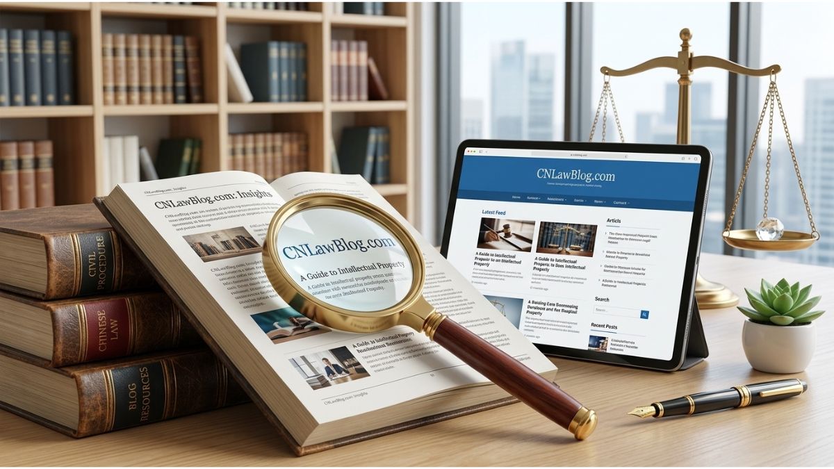 Open law book with a magnifying glass showing "CNLawBlog.com: A Guide to Intellectual Property" next to a tablet, scale of justice, and law books on a desk.