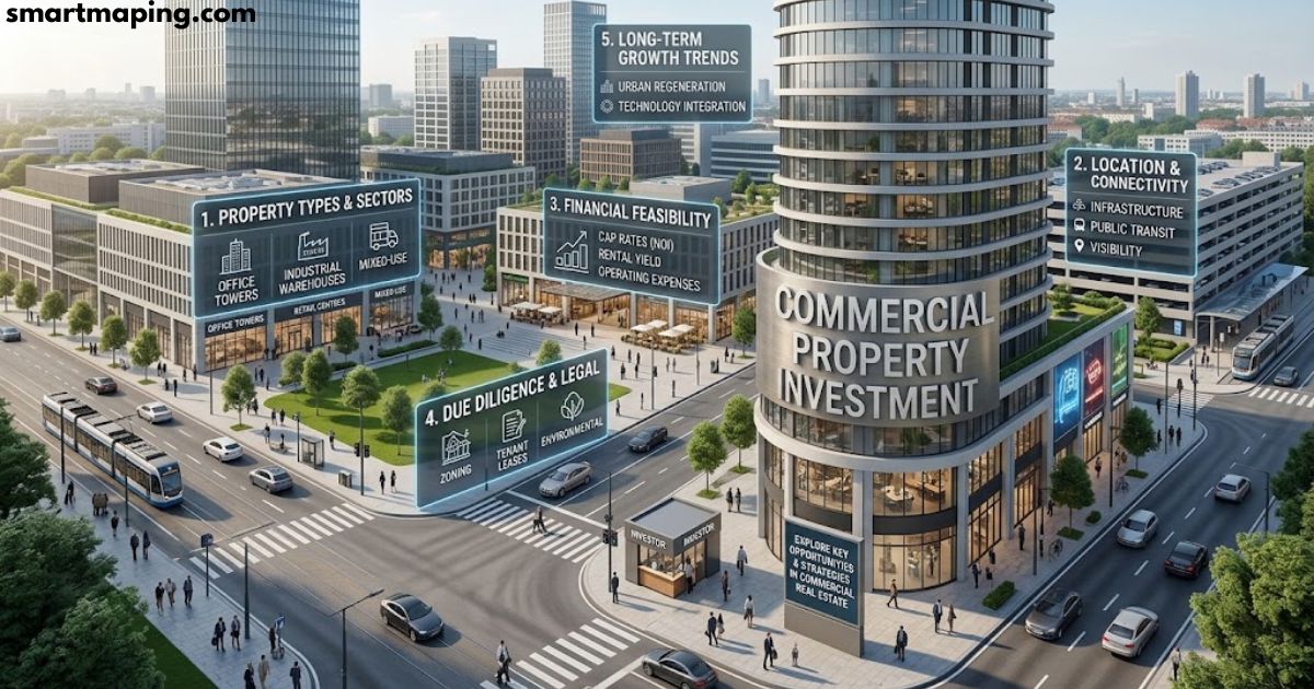 Commercial property investment in a modern urban development with offices, retail, and mixed-use properties.