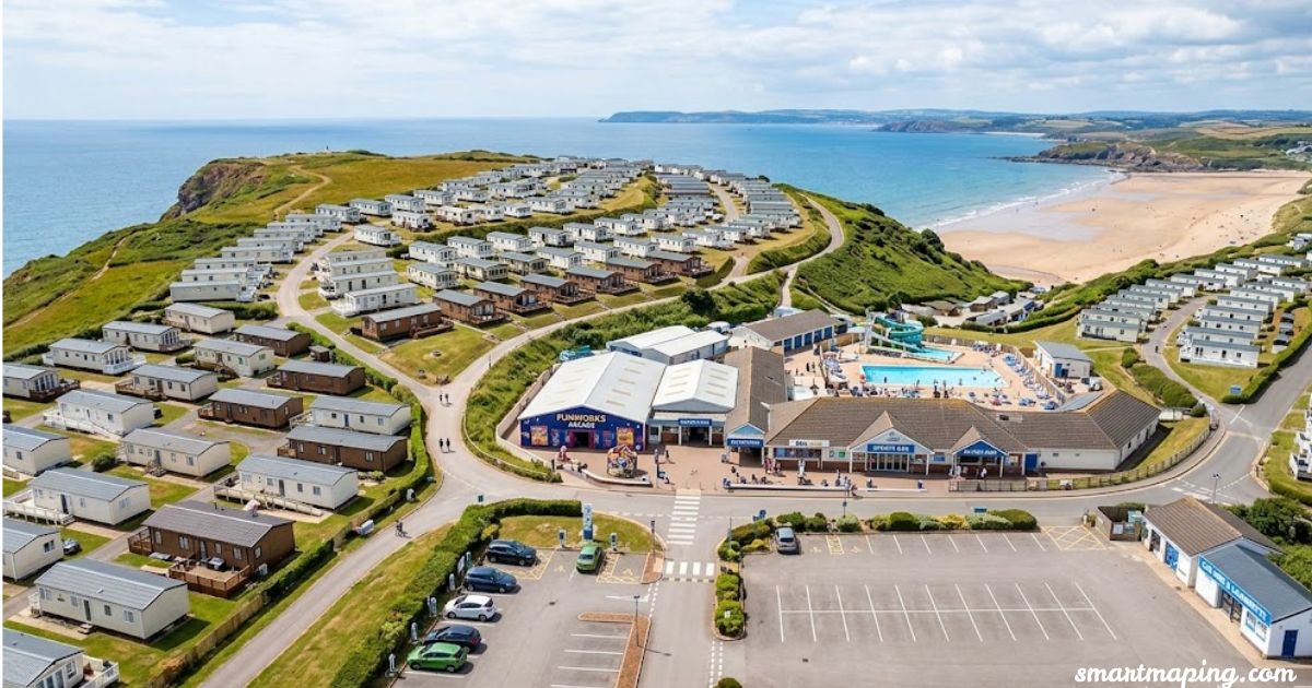 Devon Cliffs with holiday caravans in car park, swimming pool, and seaside views