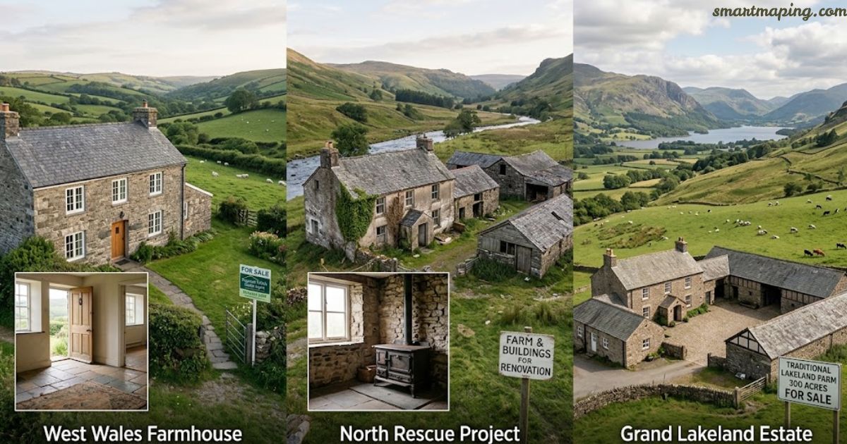 Three farms for sale uk , including a Welsh farmhouse, a derelict valley property, and a 300-acre Lakeland estate.