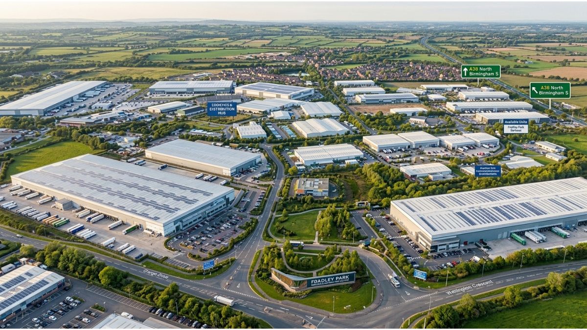 Aerial view of a large commercial logistics building and car park at Fradley Park, Staffordshire.