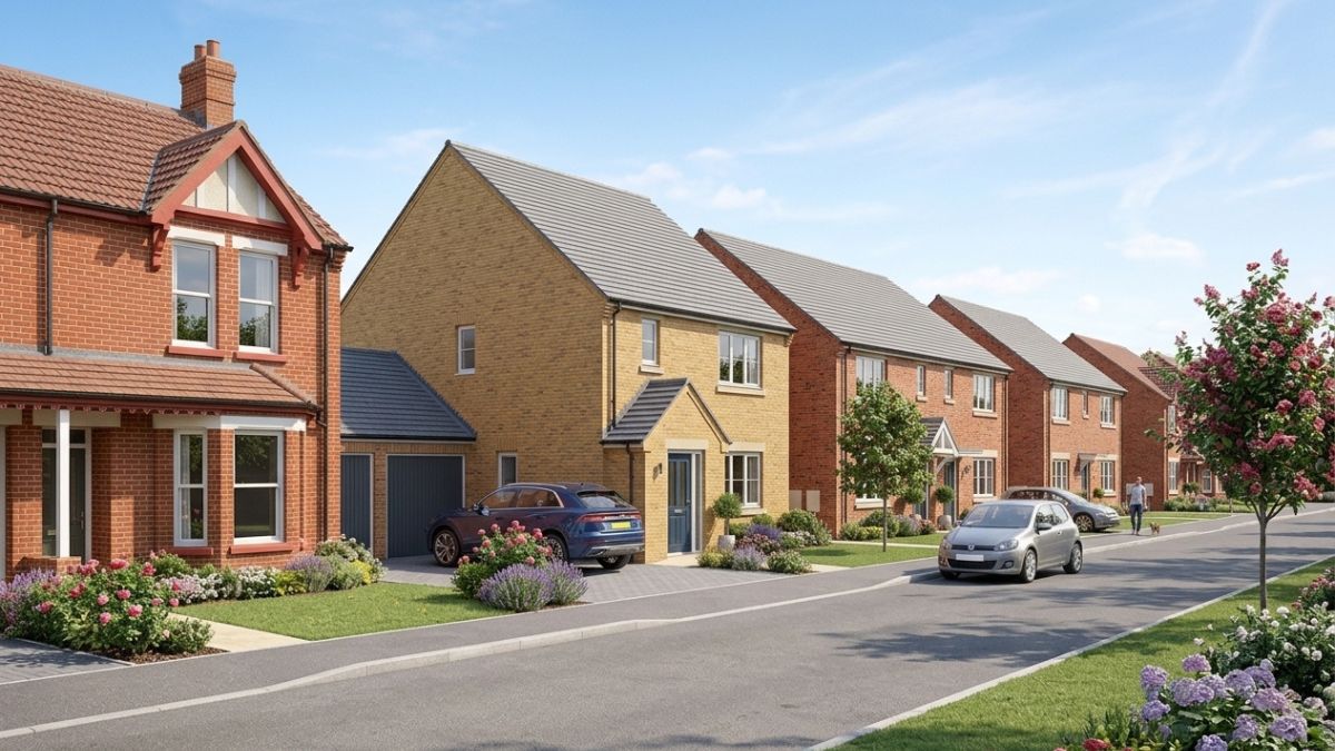 Modern semi-detached and detached homes to buy in Ipswich neighborhood street view