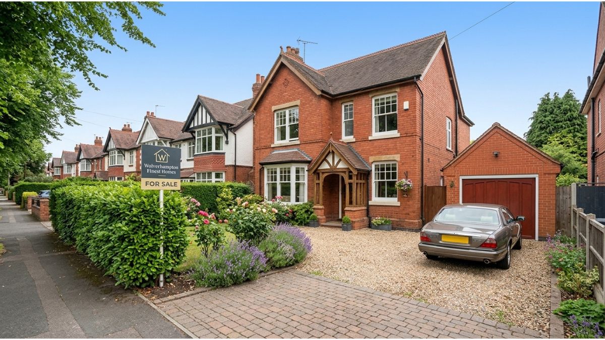  houses for sale wolverhampton Modernized luxury detached house for sale in Wolverhampton featuring a spacious driveway, contemporary extension, and lawn garden with a For Sale sign.