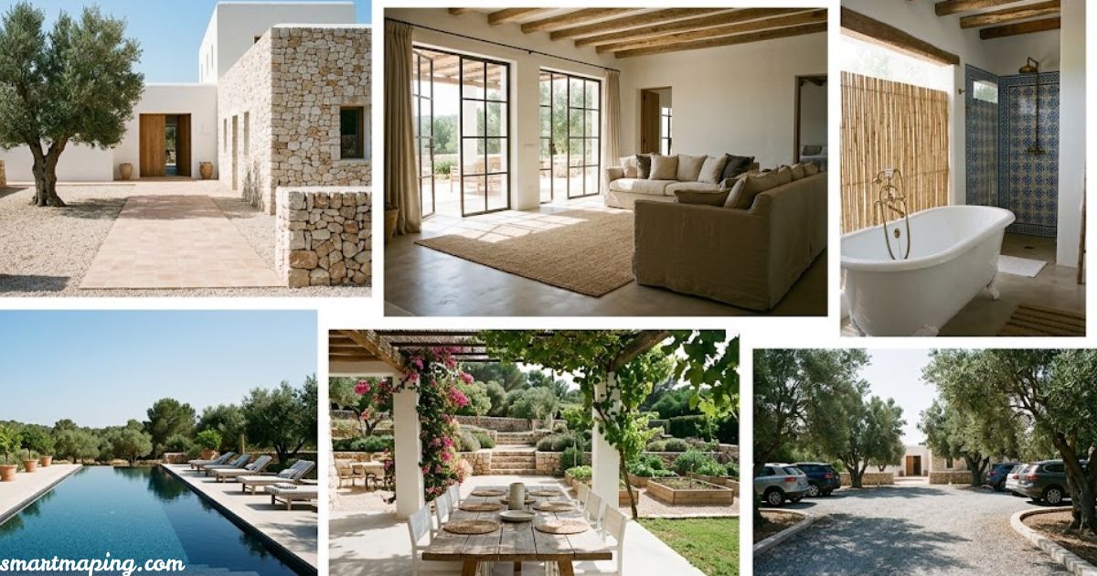 Ibiza villas featuring a luxury stone exterior, stylish living room, private pool, outdoor dining area, and landscaped gardens.