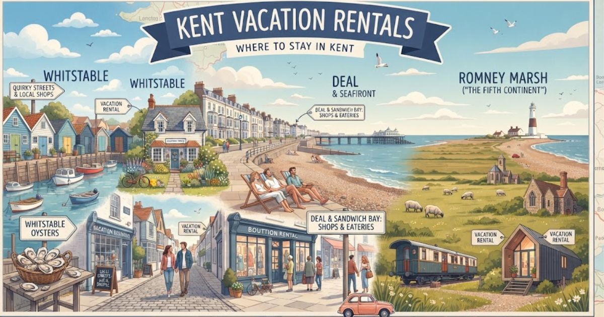 Kent vacation rentals guide featuring holiday cottages, seaside apartments, beach houses and coastal destinations like Whitstable, Deal and Romney Marsh.
