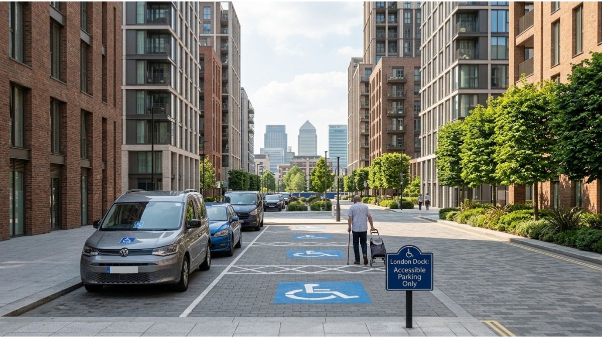 Disabled parking bays marked with blue wheelchair symbols and a sign outside modern residential apartment buildings at London Dock in Wapping by St George.