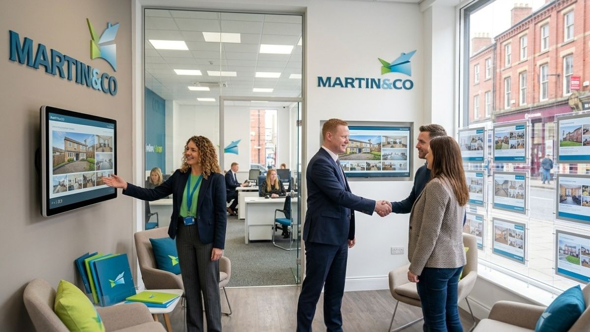 Two professional estate agents standing behind a reception desk inside a Martin & Co estate agents office, displaying property listings on a tablet screen.