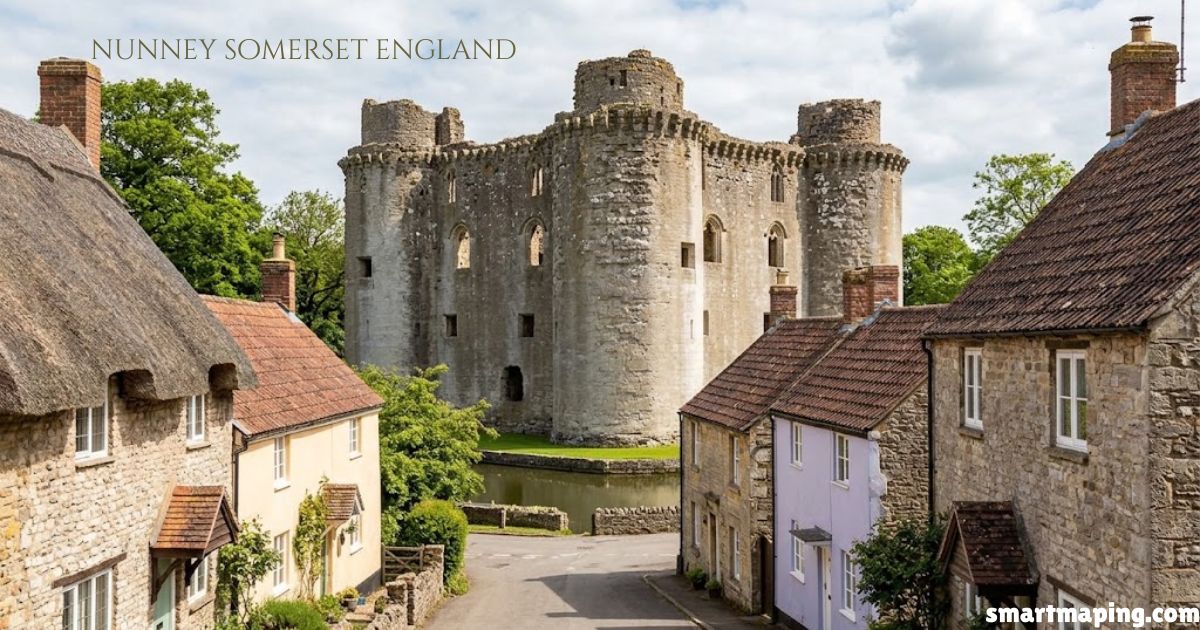 Nunney Somerset England, showing the historic Nunney Castle surrounded by traditional stone cottages and a village street.