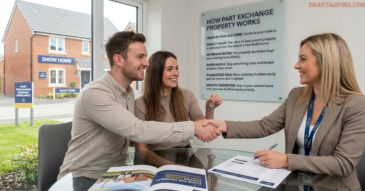 Smiling couple shaking hands with a female real estate agent in a bright sales office, receiving keys for a new-build home with a "How Part Exchange Property Works" sign on the wall behind them.