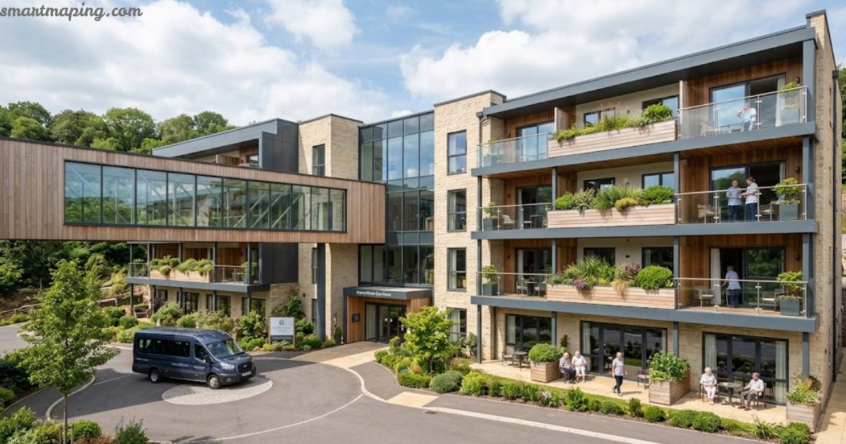 Quarry house with modern architecture, landscaped gardens, balconies, and outdoor seating