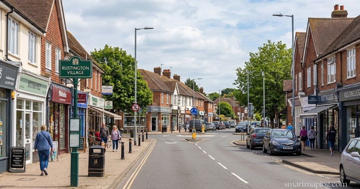 Rustington West Sussex United Kingdom village street with shops, homes, and parked cars