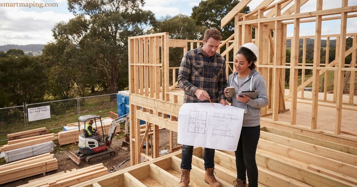 Self build mortgage planning at a home construction site, with a couple reviewing architectural plans beside a timber-framed house.