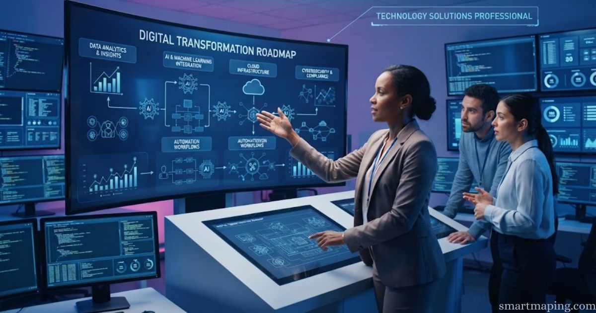 Technology solutions professional presenting a digital transformation roadmap with AI, automation, and cloud computing dashboards.