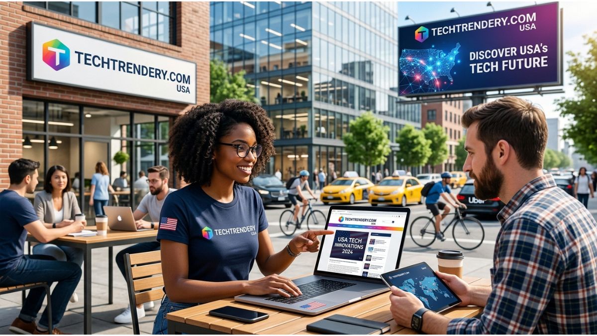 techtrendery.com usa analytics dashboard on a curved monitor displaying global tech trends and insights