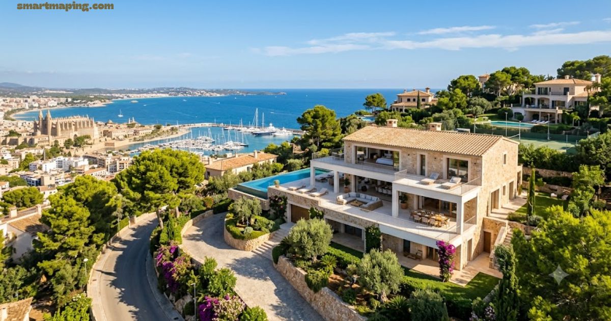 Villas in Mallorca with modern stone architecture, private pools, and views of Palma Bay.