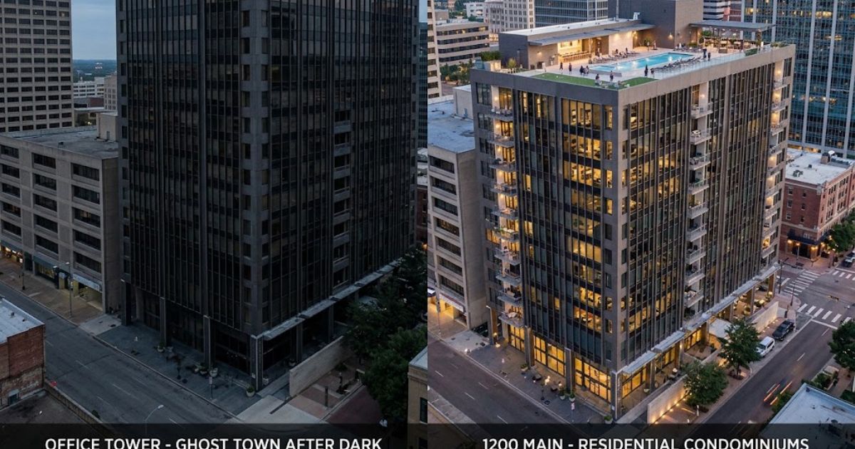 1200 Main Street Dallas residential condominiums and office towers illuminated at dusk.