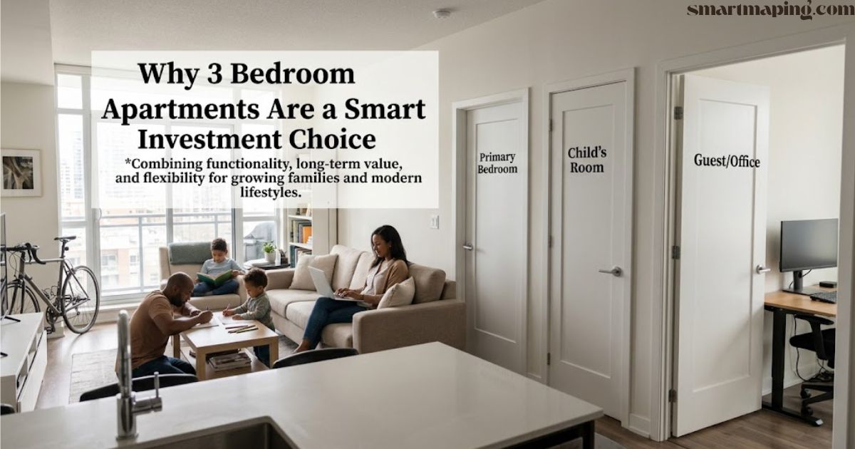 Family spending time together in the living area of 3 bedroom apartments with visible doors leading to a primary bedroom, child's room, and guest office.   