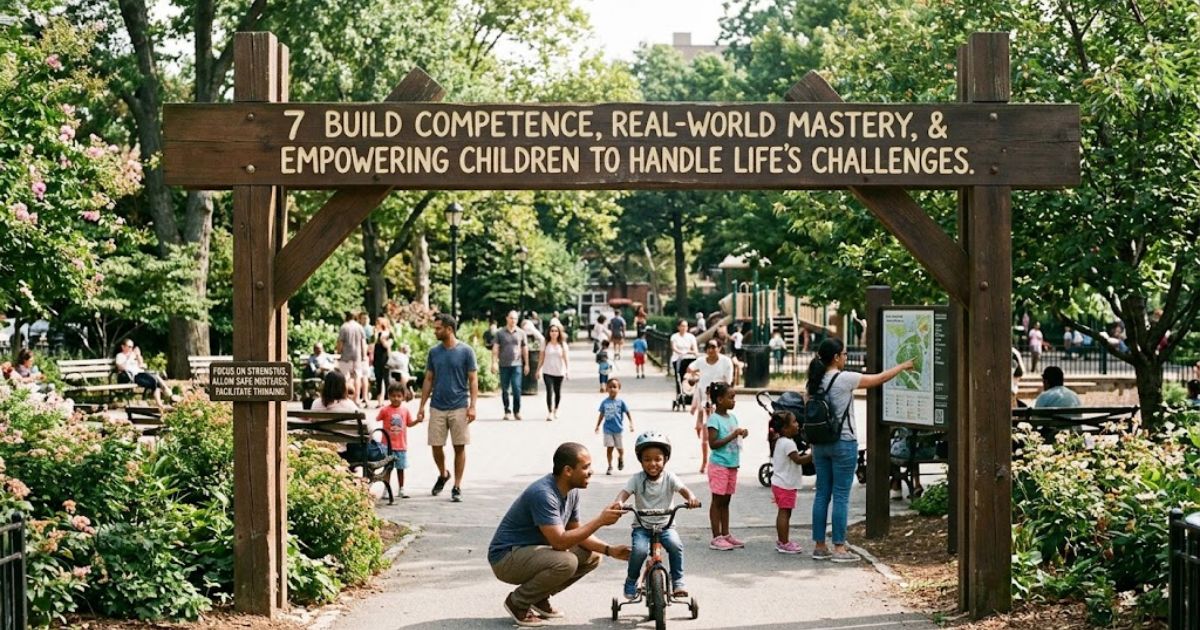 A realistic photograph showing "7 build" principles in action, with a wooden park arch reading "7 BUILD COMPETENCE" as a father helps his young son learn to ride a bicycle.