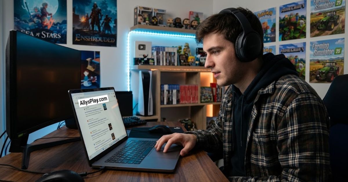 AllysPlay.com gaming website displayed on a laptop beside a gamer wearing headphones at a gaming setup.