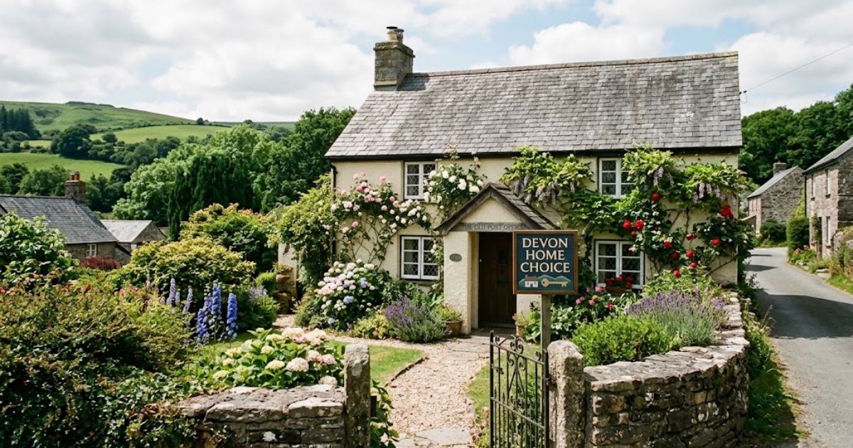 Picturesque stone cottage surrounded by a lush flower garden with a sign reading "Devon Home Choice" near the front entrance.