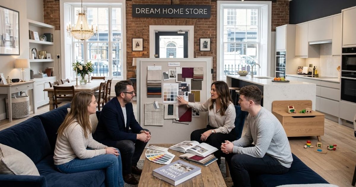 Dream Home Store interior design consultation featuring a team discussing furniture, fabric samples, colour palettes, and modern home décor in a stylish living space.