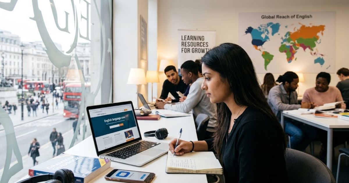 A student studying on a laptop displaying English language.com in a modern learning center with a London street view.