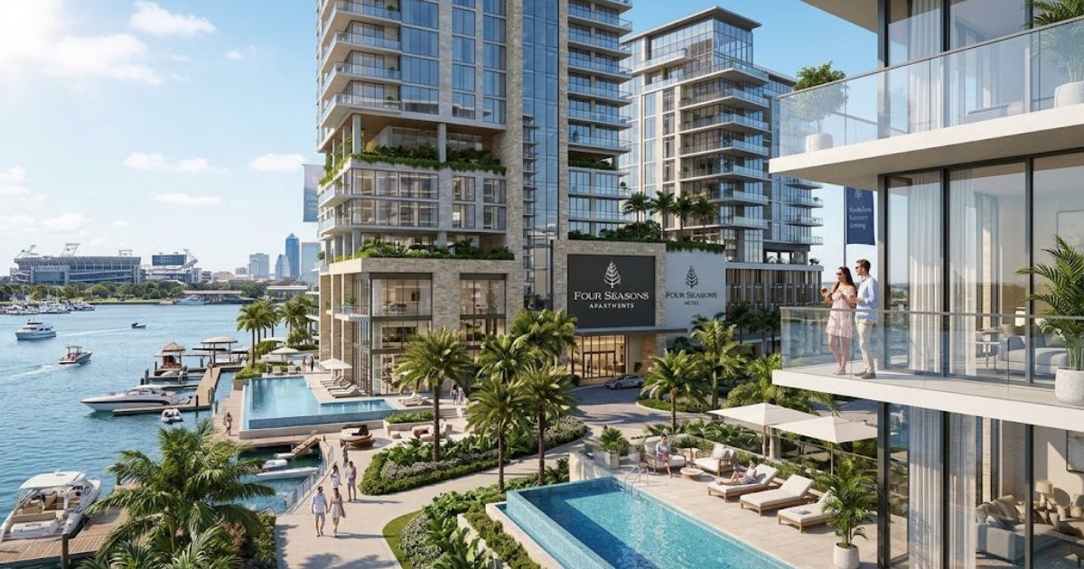 Exterior view of luxury Four Seasons Apartments featuring waterfront pools and high-rise living.