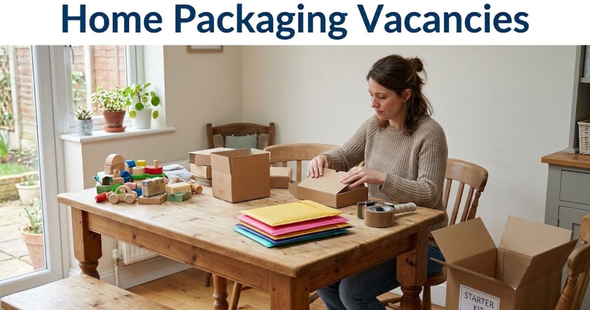 Woman packing toys and products into cardboard boxes at home, illustrating Home Packing Vacancies and work-from-home packaging opportunities.