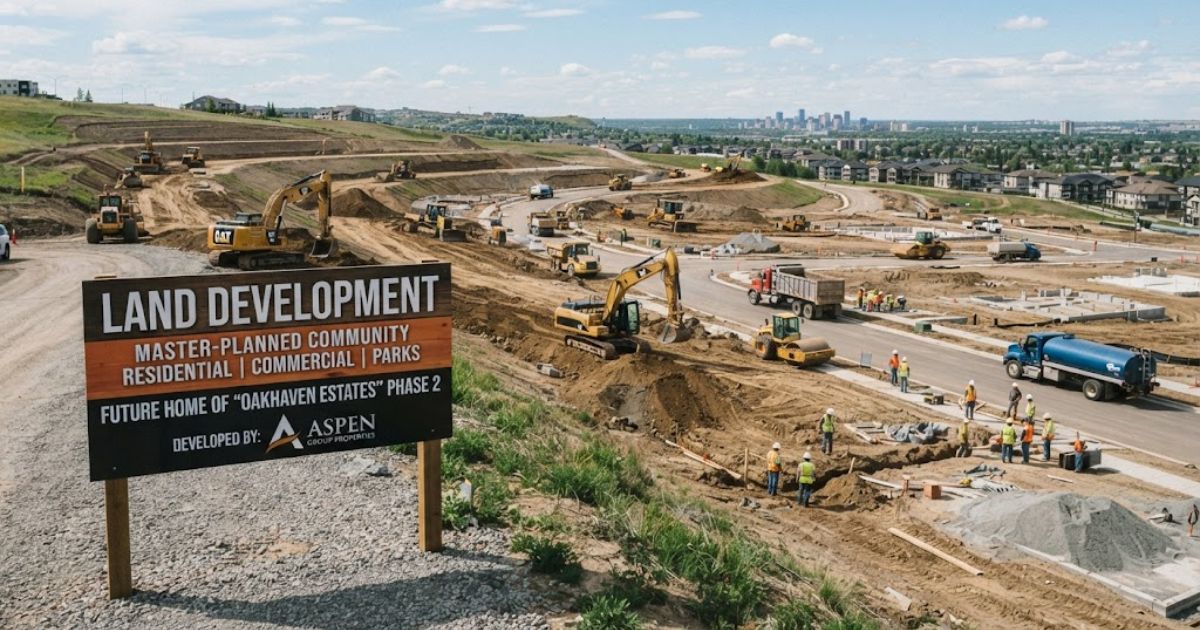 Active land development site featuring heavy machinery, excavators, and site preparation for a new residential community project.
