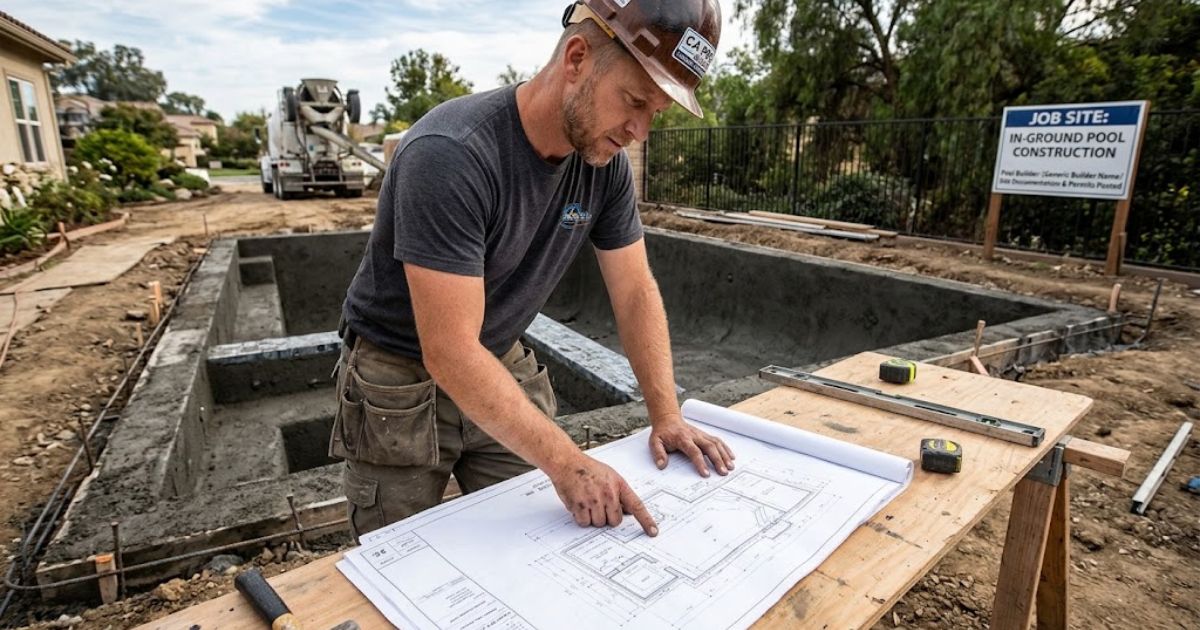 Hands-on pool builder managing site documentation and design plans alongside a freshly sprayed gunite pool shell.