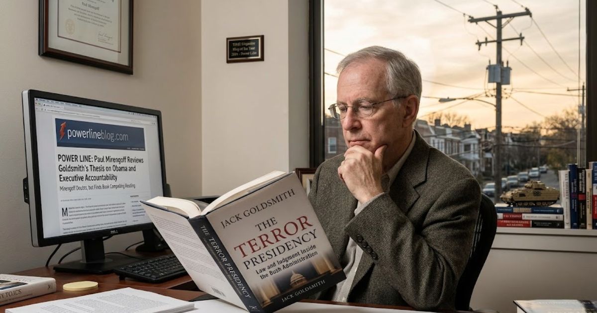 A man reading a book beside a computer displaying powerlineblog.com in a quiet office with power lines visible outside.