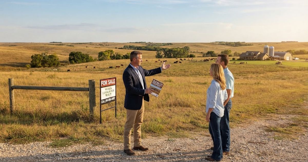 "A professional real estate agent showing an expansive Kansas ranch property to a couple near a wooden fence."