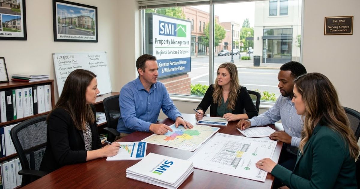 SMI Property Management professionals gathered around a conference table discussing real estate development plans with the company logo prominently visible outside the window.